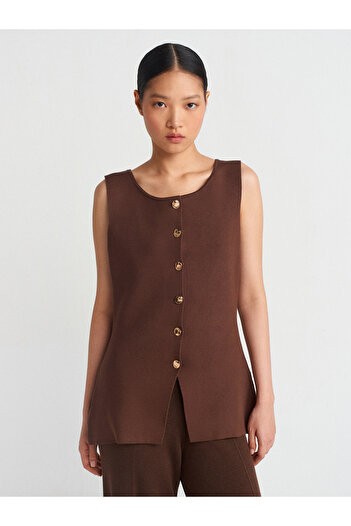Dilvin 60291 Crew Neck Buttoned Knitwear Vest-Brown