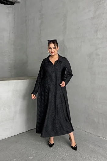 Stil Diva Plus Size V-Neck Long Sleeve Ribbed Hem Loose Long Dress 322181