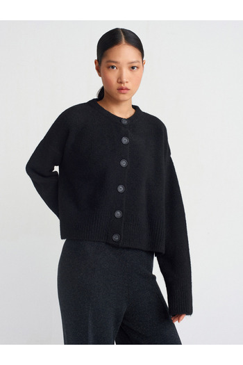 Dilvin 60280 Tricotaj cu fante cu textura moale, cu nasturi, cardigan-negru