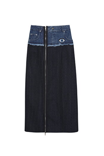 Quzu Navy Blue Matcli Denim Midi Skirt - Zipper Accessories