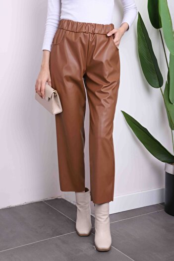 İmajButik Tan Leather Trousers with Pockets and Elastic Waist