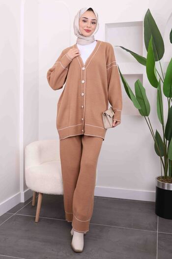 İmajButik Biscuit Waffle Knitwear Cardigan Trousers Set