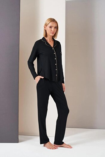 PJS 26035 Gorgeous γυναικεία σετ πιτζάμες με κουμπιά και τσέπες με μακριά μανίκια