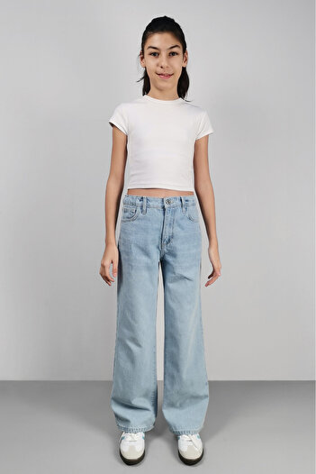 CEDY DENIM Yüksek Kalite Kız Çocuk Yüksek Bel %100 Cotton Palazzo Jean Pantolon-c700-buz-mavi
