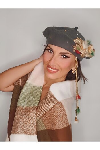Senbeno Design ÖZGÜN TASARIM TÜY DANTEL VE TAŞ DETAYLI OPSİYONEL ZİNCİR SALLANTILI GRİ KADIN FRANSIZ RESSAM BERESİ