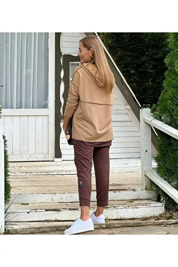 YONCA MODA Women's Coffee Hooded Skirt Detail Crest Reverse Stitching Double Suit