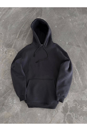 soonaksesuar Hooded Three Thread Combed Cotton Basic Sweatshirt - Smoked