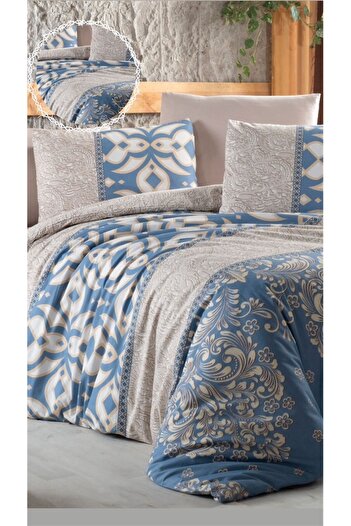 Bayev Double Cotton Duvet Cover Set - Ranforce Fabric, Spike Blue Cream Bed Sheet, Pillow