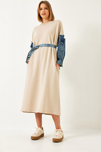 Bianco Lucci Kadın Kolları Denim Detaylı Elbise 8083 60351247