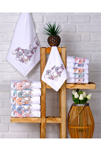Hazangülü Buldan Üretim Dowry Embroidered Drop Velvet 6-Piece Hand/Face Towel I 50X90