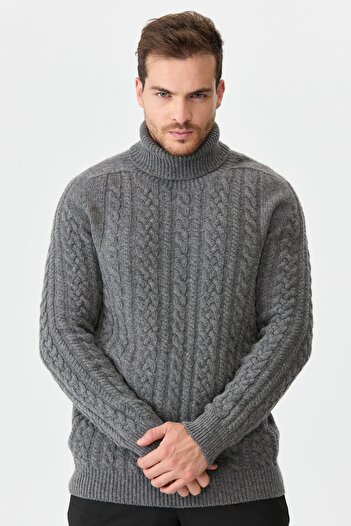 Desen Triko Men's Turtleneck Braided Wool Sweater Smoked