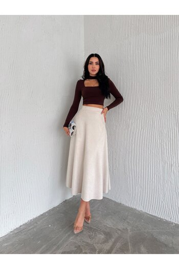 Ozy Fashion Fusta evazată de damă din piele intoarsa culoare crem