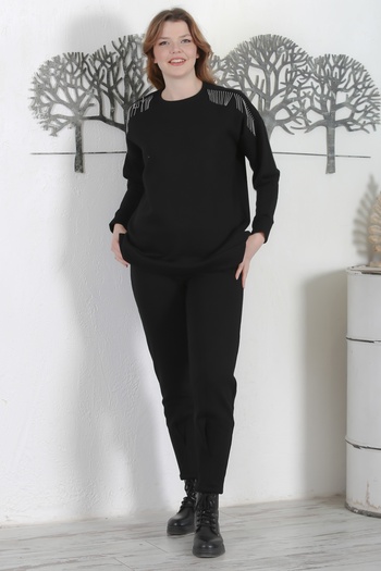Chiccy Casual Knitted Set - Black Turtleneck, Cuffed Sleeves, Chain Tufted Pleated Bottom Top Set 70-97 59-53