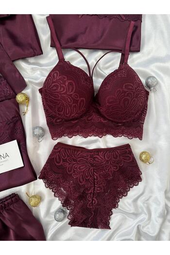 Lena Homewears Mürdüm Vanessa Kadın Saten Gecelik Sabahlık Çeyiz Seti