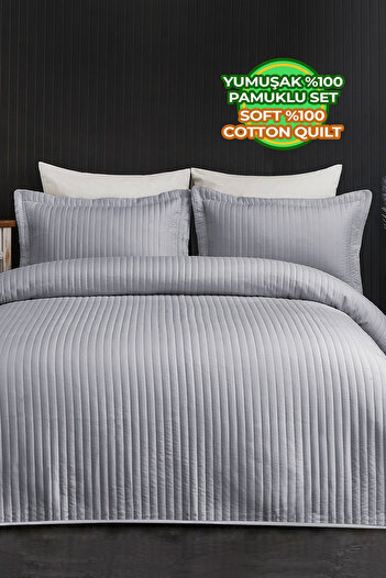 Evlen Home Collection Judy Cotton Bedspread - Double Striped, Casual Plain Grey Pique Set