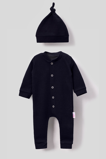 Bubito Waffle Combed Baby Romper with Cap - Navy Blue