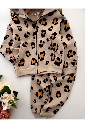 Minigimin Cicileri Leopard Print Hooded Winter Set for Girl - Beige Kangaroo Pocket