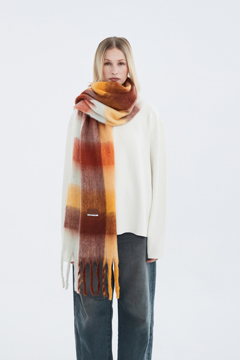 Nordbron Orange Shawl Checkered Tassel Detailed Soft Knitwear Women's Basic Setoon - Thick Winter