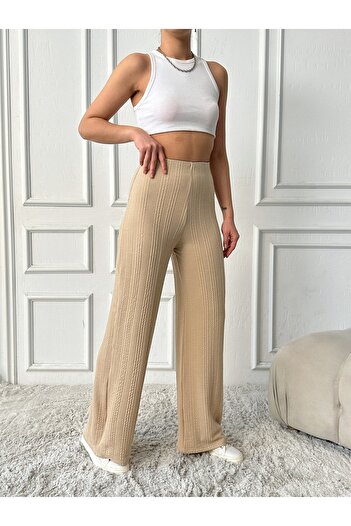 The Base Women's Beige Knit Pattern Wide Leg Pants