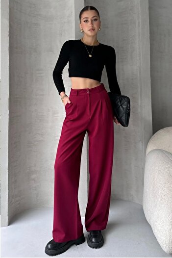 Askı Nişantaşı Women's Burgundy High Waist Pleated Wide Leg Palazzo Pants