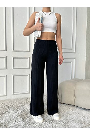 The Base Kadın Siyah Örgü Desen Wide Leg Pantolon