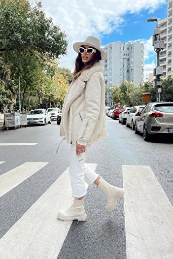 Scarpebutik Cizme de damă din piele bej, cu elastic lateral, impermeabile, ortopedice autentice, ușoare, zilnic, talpă groasă, iarnă