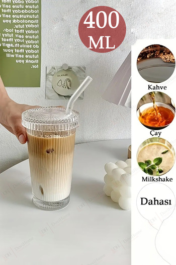 DOVİHOME 400 ml Origami Style Glass Cup with Glass Straw |   Coffee and Presentation Cup |   Soft Drink Cup
