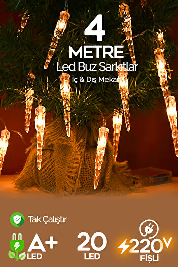 SULED Buz Sarkıt Led Süsleme Işığı 4 Metre 20 Led 220V Fişli Dekoratif Aydınlatma Süs Tak Çalıştır