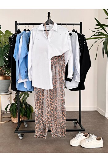 ASEL FASHİON Shiny Woven - Leopard Print Brown Trousers