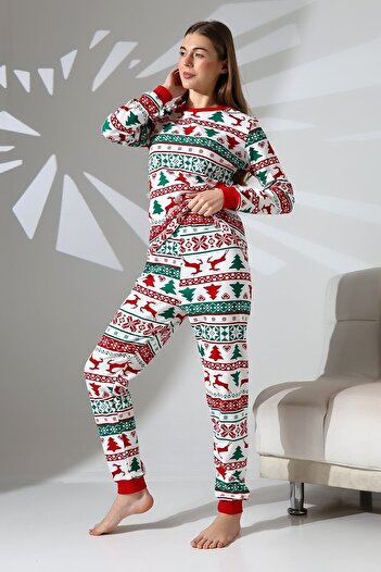 Genel Markalar Bisiklet Yaka Kırmızı Geyikli Noel Yılbaşı Çam Ağaclı Kadın Pijama Takımı Vg069 Yok Homewear Tüm Se