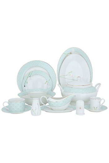 Alsaif Gallery White circular porcelain dining set with light green and gold pattern, 86 pieces