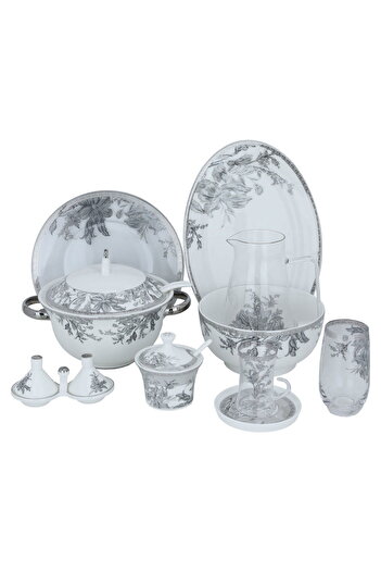 Alsaif Gallery White porcelain dining set with silver floral pattern, 62 pieces