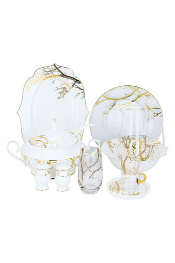 Alsaif Gallery White porcelain dining set with golden woodland pattern, 61 pieces