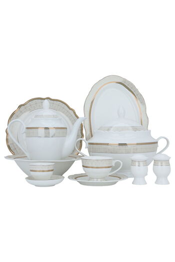 Alsaif Gallery White and gold embossed circular porcelain dining set, 65 pieces