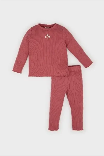 DeFacto Baby Girls 2-Piece Set Floral Ribbed Camisole Long Sleeve T-Shirt Top with Elastic Waist Bottom Y1122A224Au