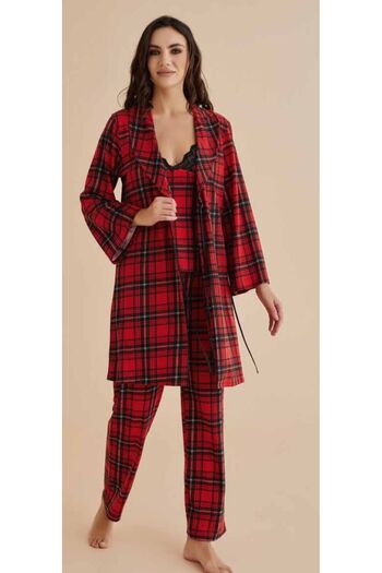 The Clover Red Black Dressing Gown & Lace Detailed Plaid 3-Piece Pajamas Set Th.Clv.30.Dc.10.Hs