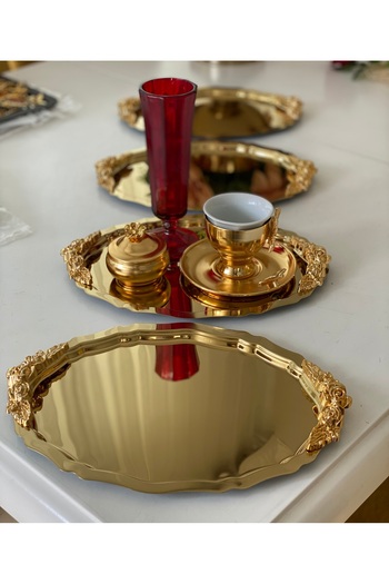 SEVA ÇELİK 20*25 cm Gold Color Oval 4 Pcs Handle Model Presentation Table