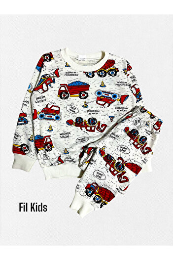 Fil Kids Set de pijamale de iarnă cu mânecă lungă, cu modele, pentru băiat, din bumbac, alb, cu scoop pentru mașină
