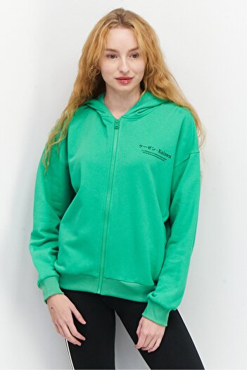 Ocean Pacific Women Hooded Neck Graphic Full Zip Sweatshirt, Island Green