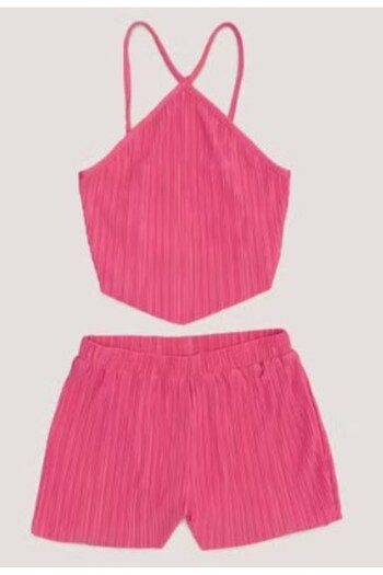 Kübra Tekstil Pink Pleated Girls' Shorts Set - Cross Straps 2205