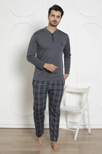 bie's Men's Plaid Pattern Lycra Cotton Long Sleeve Winter Interlock Chest Pocket Pajamas Set