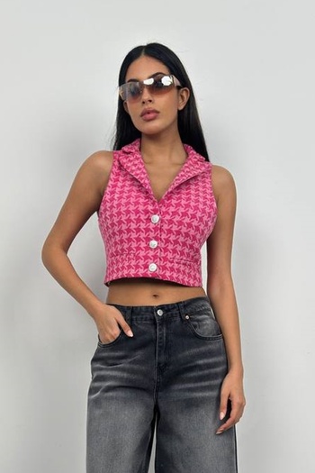 bayansepeti Fuchsia Houndstooth Patterned Button Detailed Shirt Collar Crop Vest 23s12002