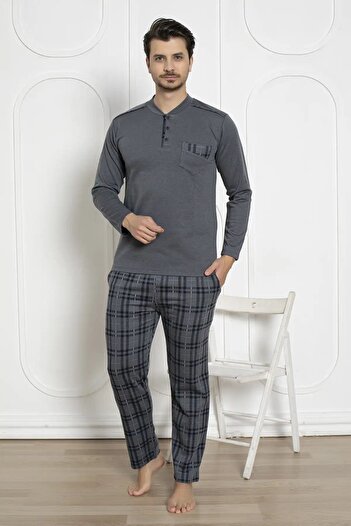 bie's Men's Plaid Pattern Lycra Cotton Long Sleeve Winter Interlock Chest Pocket Pajamas Set