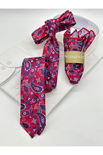 Gutiero Red Paisley Patterned Handkerchief Slim Tie