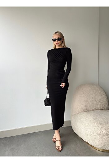 Diviny Stand Collar Draped Long Wrap Dress