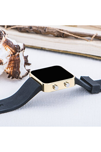 Saattino Gold Renk Dijital Led Ekran Siyah Silikon Kordonlu Yetişkin Kız Kadın Unisex Kol Saat St-303723