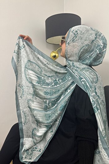 Merve Nayir Ethnic Pattern Imported Double Sided Wide Silk Voile Shawl Water Green