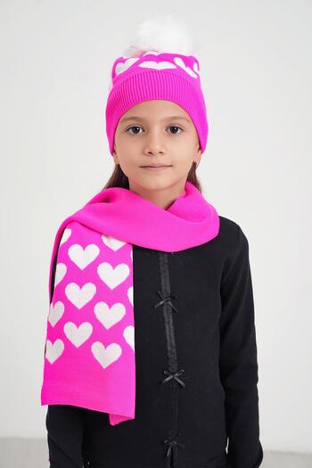 CHUBA Heart Patterned Pompom Scarf Beanie Set for 7-12 Years Old Children - Fuchsia Chkıds105