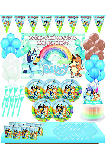 Masal Şekerleme Bluey 16 Kişilik Afişli Doğum Günü Seti Pasta Süsü Dahil
