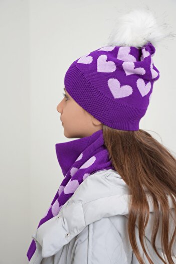 CHUBA 7-12 Years Old Children's Purple Pompom Scarf Beanie Set - Heart Patterned Chkıds105